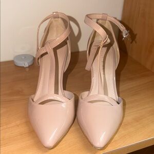 Kelly and Kate Nude Patent Pointed-Toe Ankle-Strap Heels